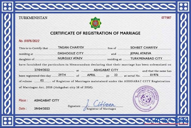 Blank Turkmenistan marriage certificate PSD template